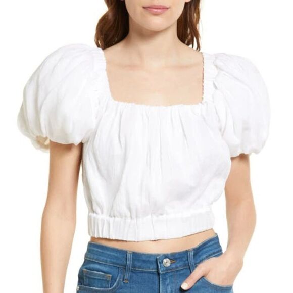 Frame Ruched Crop Puff Sleeve Blouse in Blanc‎ Size Medium - Picture 2 of 10